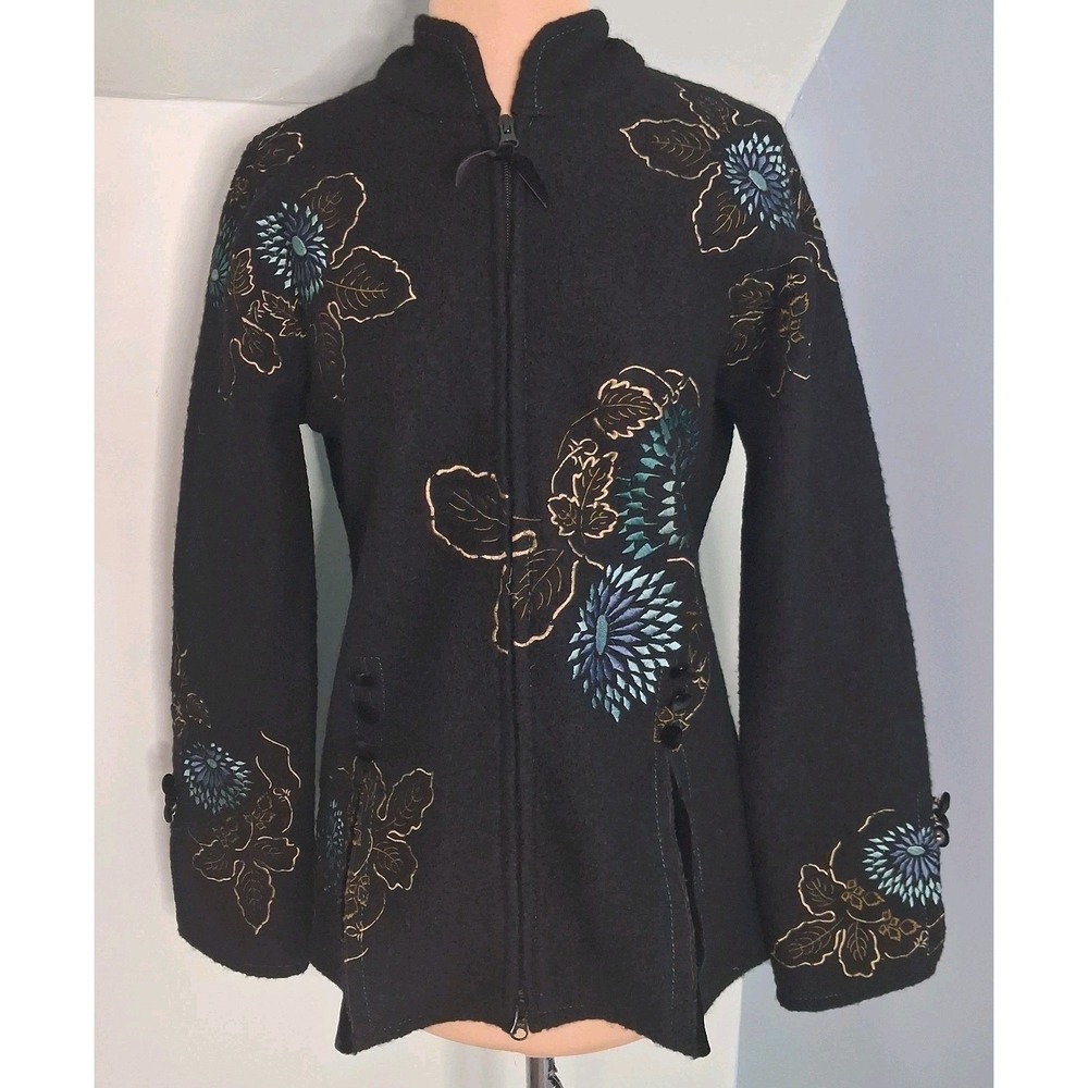 CoVelo Floral Embroidered Velvet Wool Black Zip-Up Bohemian Sweater Jacket‎ Sz S